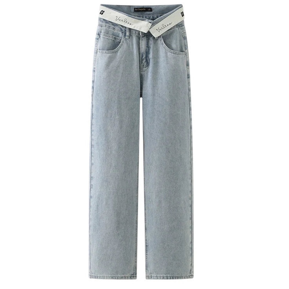 KAl Light Blue Fold Over Denim Jeans Wide Leg High Rise Verlian  Sz 24 XS